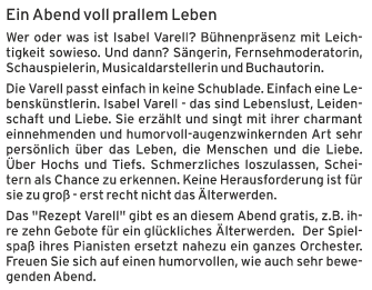 Isabel Varell, die guten alten Zeiten sind jetzt